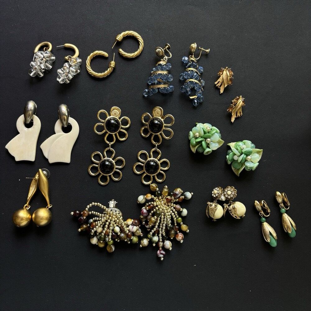 Vintage Designer Costume Earrings Lot 11 Pairs Clip Dangle Beaded Enamel